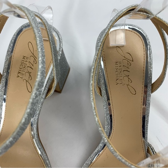 Badgley Mischka Jewel US 7.5 Silver Glitter Strappy Block Heel Rhinestone Shoes - Picture 6 of 11